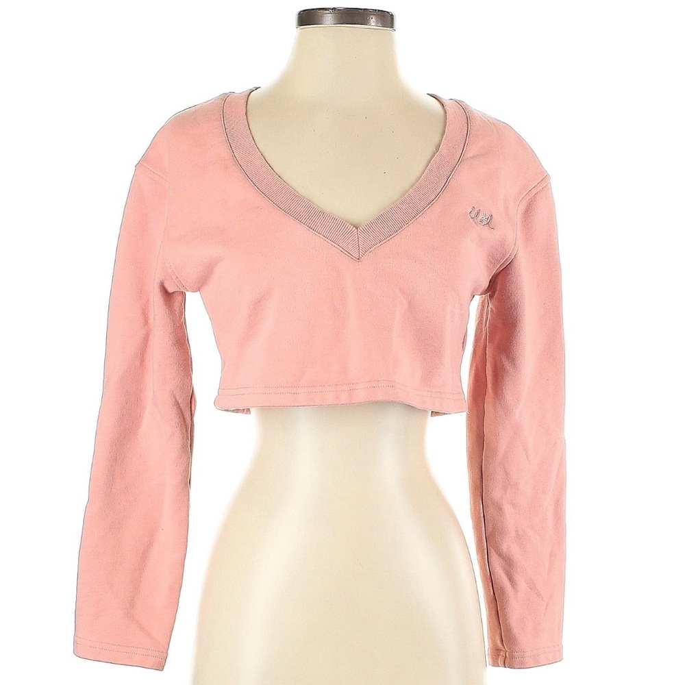For Love and Lemons Pink cropped long sleeve top with V-neck and logo